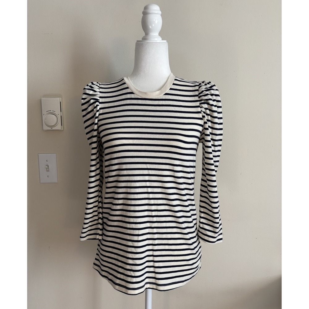Pomander Place Womens XS Striped Puff Sleeve Top Preppy Nautical Cotton Stretch